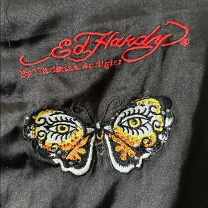 Ed Hardy Womens Bomber Jacket Black Zip Roar Embroidered Butterfly‎ Eyes Vintage thumbnail 5