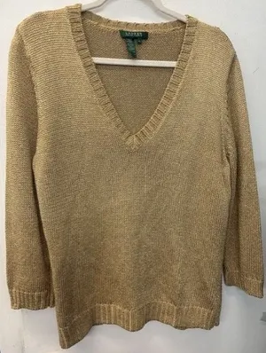 Y2K Ralph Lauren‎ Gold Metallic V-Neck Sweater Womens XL Knit Top thumbnail 1