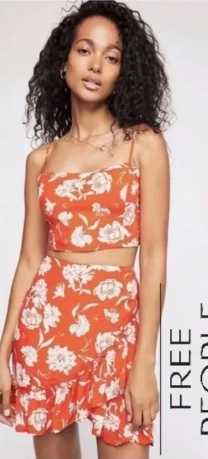 Free People Orange Floral set with tie-Back Cami Top and ruffled mini skirt, xs thumbnail 1