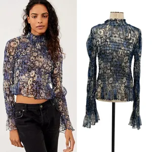 Free People Hello There Top‎ Blouse Smocked Flare Sleeve Mesh Floral Blue Large thumbnail 2