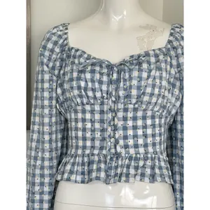 Rose & Grey Women’s M Gingham Peasant Crop Top Long Sleeve Cottagecore Floral thumbnail 6