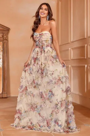 Faeriesty Ruched Bustier Ruffle Trim Hem Floral Print Tube Dress thumbnail 2