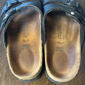 Papillio Birkenstock Arizona Platform Sandals 38 Black Two Strap Boho Minimalist thumbnail 5