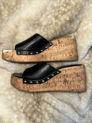 Zara Black Leather Cork-Platform Wedge Slides with Gold Studs thumbnail 4