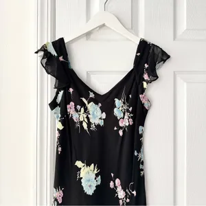 Evan Picone Black Floral 90s V Neck Flutter Sleeve Midi Sun Dress 10P Lined thumbnail 3