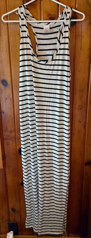 Merona Womens Black‎ White Striped Racerback Maxi Dress Medium Sleeveless Casual thumbnail 1
