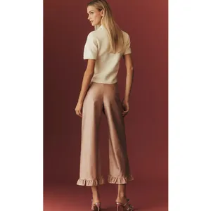 Maeve The Colette Crop Metallic Faux Leather Ruffle Hem Pants- Pink Metal Sz 30 thumbnail 2