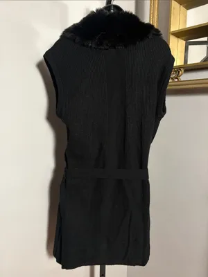 Love Token Medium Black Faux Fur Collar Knit Vest with Waist Tie thumbnail 2