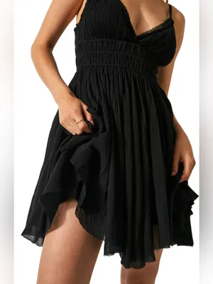 NWT Free People Intimately Delia Asymmetric Raw Hem Cotton Dress in Black Size X thumbnail 2