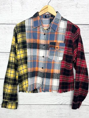 Jolie & Joy Patchwork Plaid Cut Off Button Up Shirt Jacket Shacket Size Large Yellow thumbnail 4