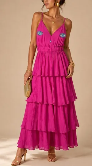 NWT Beaded Jewel 3D Eye Tiered Maxi Dress Size S Fuchsia Pink Party Statement thumbnail 1