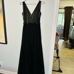 Badgley Mischka Black pleated Tulle Chiffon V-neck Gown size 2 thumbnail 14