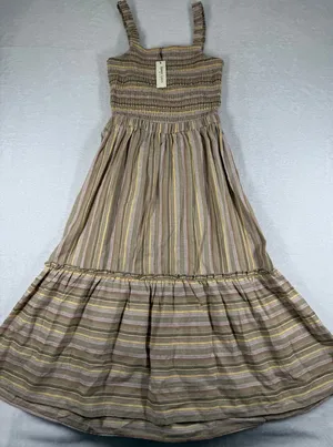 Speed Limit MPH Smocked‎ Striped Maxi Dress Brown Boho Tiered J5735L Size M thumbnail 1