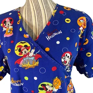 Disney Women’s Blue Mickey Mouse Halloween Wrap Tie Back Medical Scrub Top Sz XL thumbnail 3