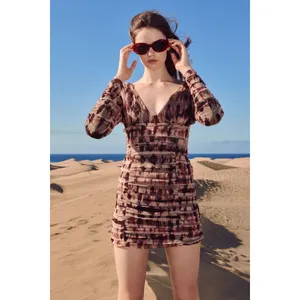 Zara Draped Tulle Mini Dress Brown Women's‎ Size XS Long Sleeve V-Neck thumbnail 5