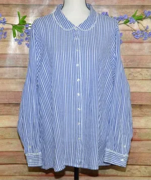 Retro Modcloth Blue Striped Lace Trim Long Sleeve Top Peter Pan Collar Size 4X thumbnail 1