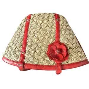 Coldwater Creek Woven Straw Tote Bag Red Leather Trim Flower Accent ‎ Vacation thumbnail 2