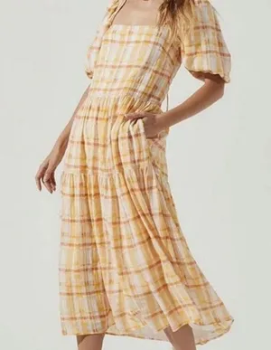 astr the label Ilana Dress Yellow Plaid M Open back Boho Puff Sleeve Pockets thumbnail 2