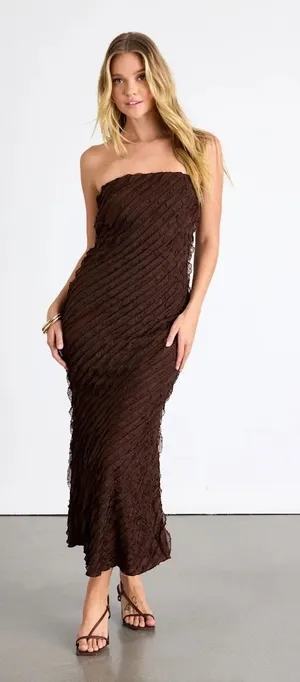 Lulus Faelyn Brown Strapless Ruffled Midi Dress thumbnail 1
