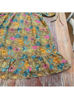 Rapsodia Boho Floral Mini Dress Square Neck Gold Beaded Trim Size S Puff Sleeve thumbnail 5