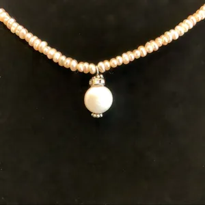 Sterling Silver NWOT & Faux Peach Pearl Necklace with Crystal Accent Pendant thumbnail 4