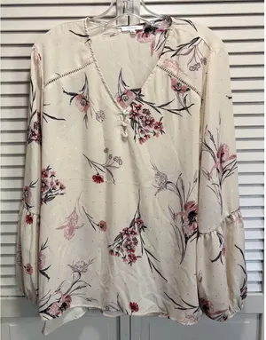 Maurices Floral Sheer Long Balloon Sleeves Blouse Size L Button Up Crochet thumbnail 1