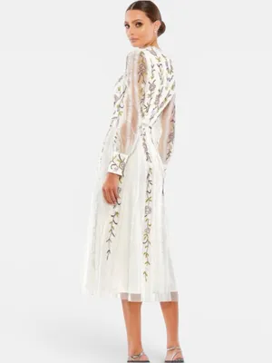 NWT MAC DUGGAL 9133 Hand-Beaded Floral Long-Sleeve Midi‎ Dress, Sz 2, IvoryMulti thumbnail 3