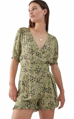 Urban Outfitters Sorrento wrap romper green floral print and puff sleeves small thumbnail 1