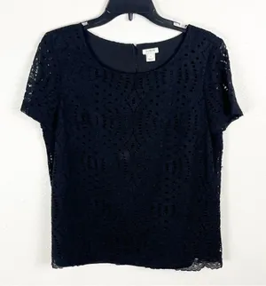 J. CREW Factory Black Eyelet Overlay Short Sleeves Blouse, Size 8 Casual Neutral thumbnail 1