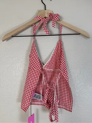 Edikted Charmaine Open Back Gingham Halter Top Red White Small NEW $31 thumbnail 9