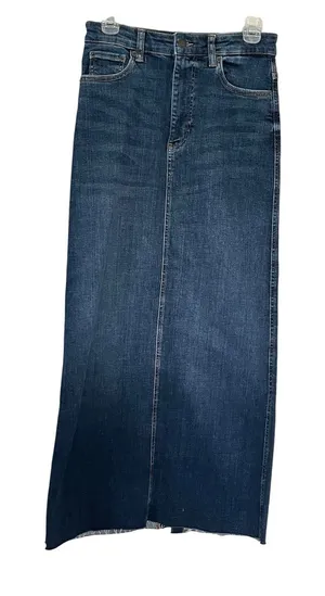 Zara Women’s Stretch Denim Maxi Skirt Blue Dark Wash Raw Hem Size S thumbnail 1
