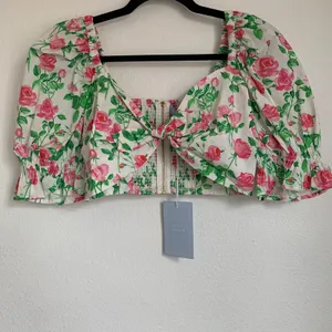 NWT Hill House Home Puff Sleeve Floral Bow Crop‎ Top in White/Pink thumbnail 3