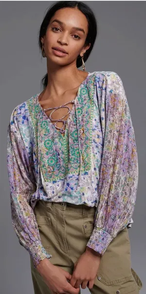 Anthropologie‎ Odetta Embroidered Boho Peasant Top Lavender Petite MP NWT thumbnail 1