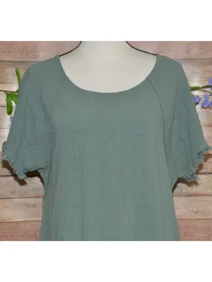 Umgee Women's M Green Linen Cotton Lagoon Tunic Top Mini Dress w/Fringe Trim thumbnail 2