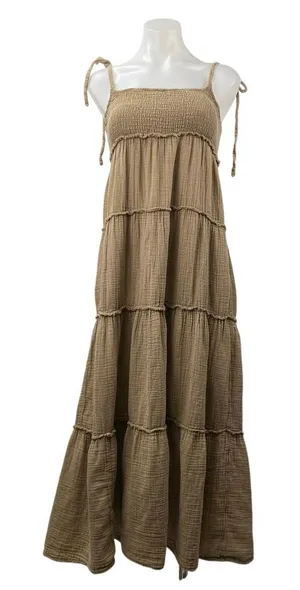 Collusion Women's Brown Tan Smocked Sleeveless Cami Tiered Sundress Maxi Dress 2 thumbnail 1