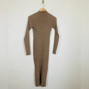 NWT Quince EcoKnit Ribbed Mick Neck Midi sweater dress in warm taupe colorway S thumbnail 5