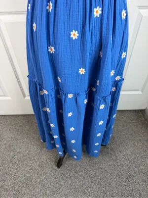 Boutique Sz S Blue Daisy Smocked Tie Strap Tiered Maxi Dress Cottagecore thumbnail 5