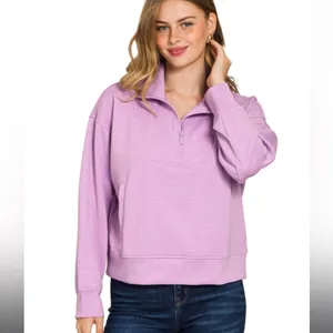 Zenana NEW Lavender Purple Scuba Half Zip Pullover Sweatshirt - S thumbnail 2