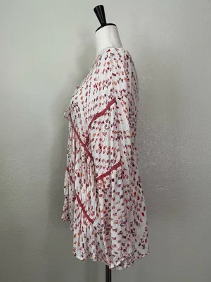 Miss Me Boho Woven Pointelle Lace Up Dolman Sleeves Peasant Top, Sz Medium thumbnail 6