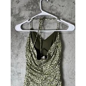 Vintage Y2K Olive Green‎ Ruched Halter Midi Dress Polka Dot Slip Dress Small thumbnail 4