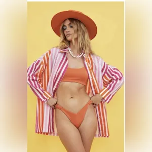 Beach Riot‎ Pink Orange Striped Cotton Button Down Shirt Oversized L/XL Coverup thumbnail 5