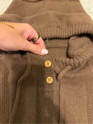 Women’s Brown Knit Hooded Zip-Up Sweater with Button Henley thumbnail 3