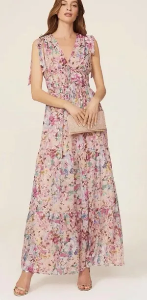Shoshanna Midnight Zahra Gown Pink Floral Metallic Tiered Maxi Dress 12 AS IS thumbnail 1