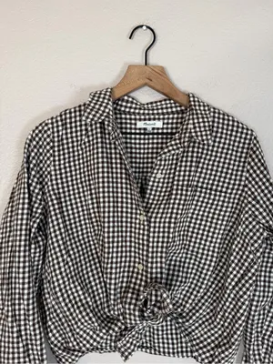 Madewell Gingham Flannel Tie Front Shirt Brown Gingham Check size Large $80 thumbnail 8