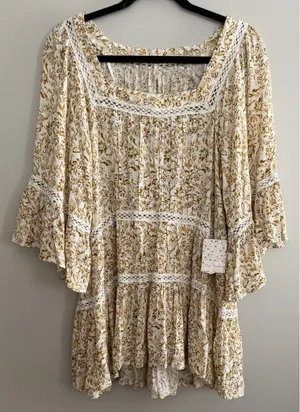 Free People Talk About It Tunic Top Ivory Combo Women's Size Medium‎ thumbnail 1