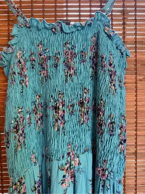 Vintage Angie Turquoise Floral Smocked Cottagecore Midi Dress M thumbnail 8