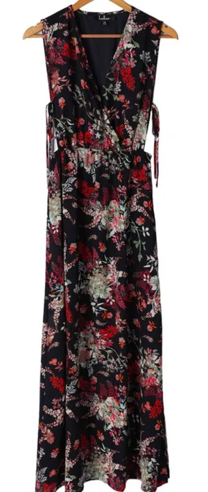Lulus Navy Floral Maxi Dress Small Open Side Tie Detail thumbnail 1