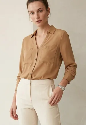 WORTHINGTON | Tan Snap Button-Front Long Sleeve Blouse Sz M thumbnail 1