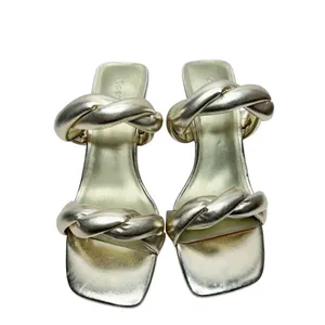 Open Edit Sandals Size 6.5 Gold Metallic Twisted Double Strap‎ Slip On Heels thumbnail 6