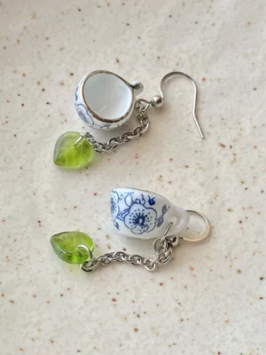 Handmade porcelain tea cup & Czech glass leaf unique fun fairy antique style dangle earrings🫖🍃🌀 thumbnail 1